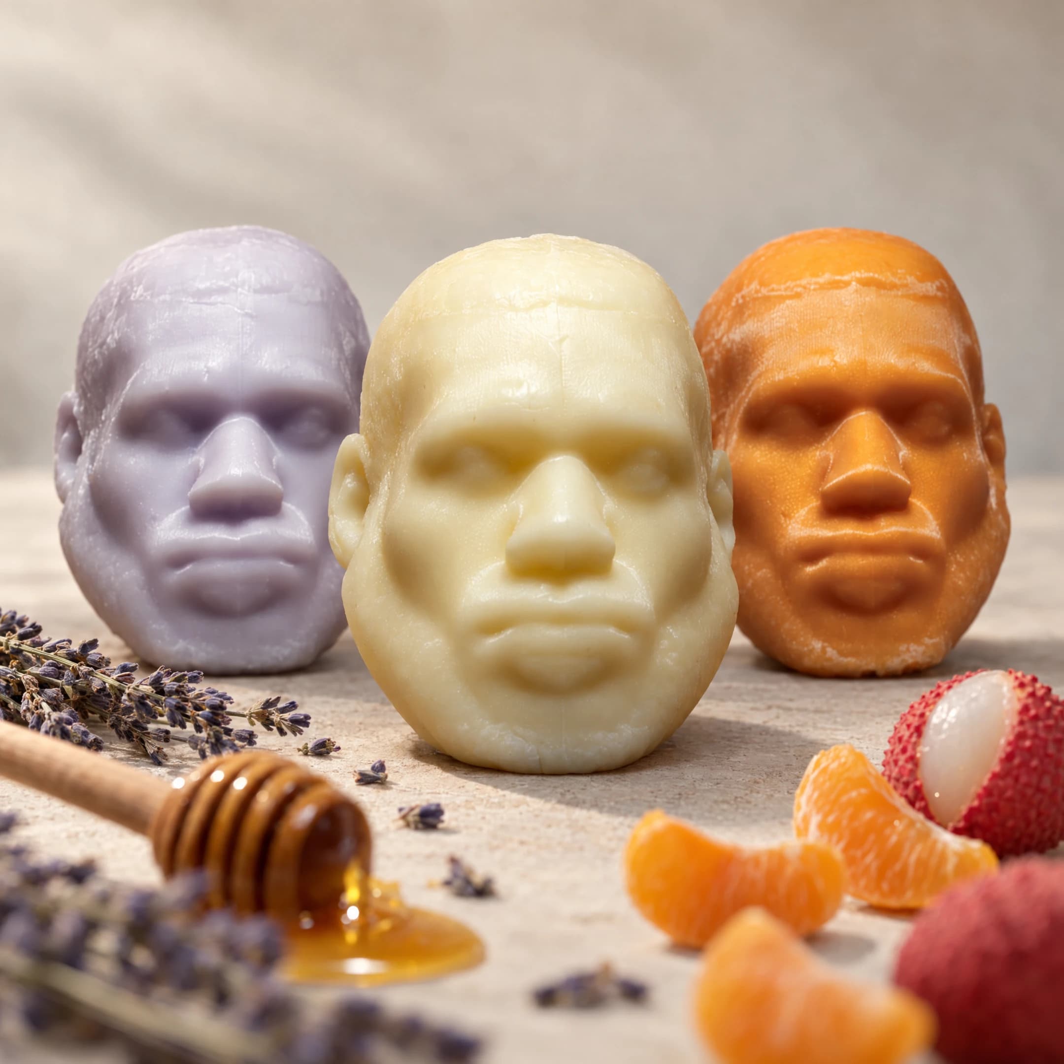 All three LeSoap scents side by side: Lavender, Honey and Tangerine Lychee, with lavender, honey and fruit in front