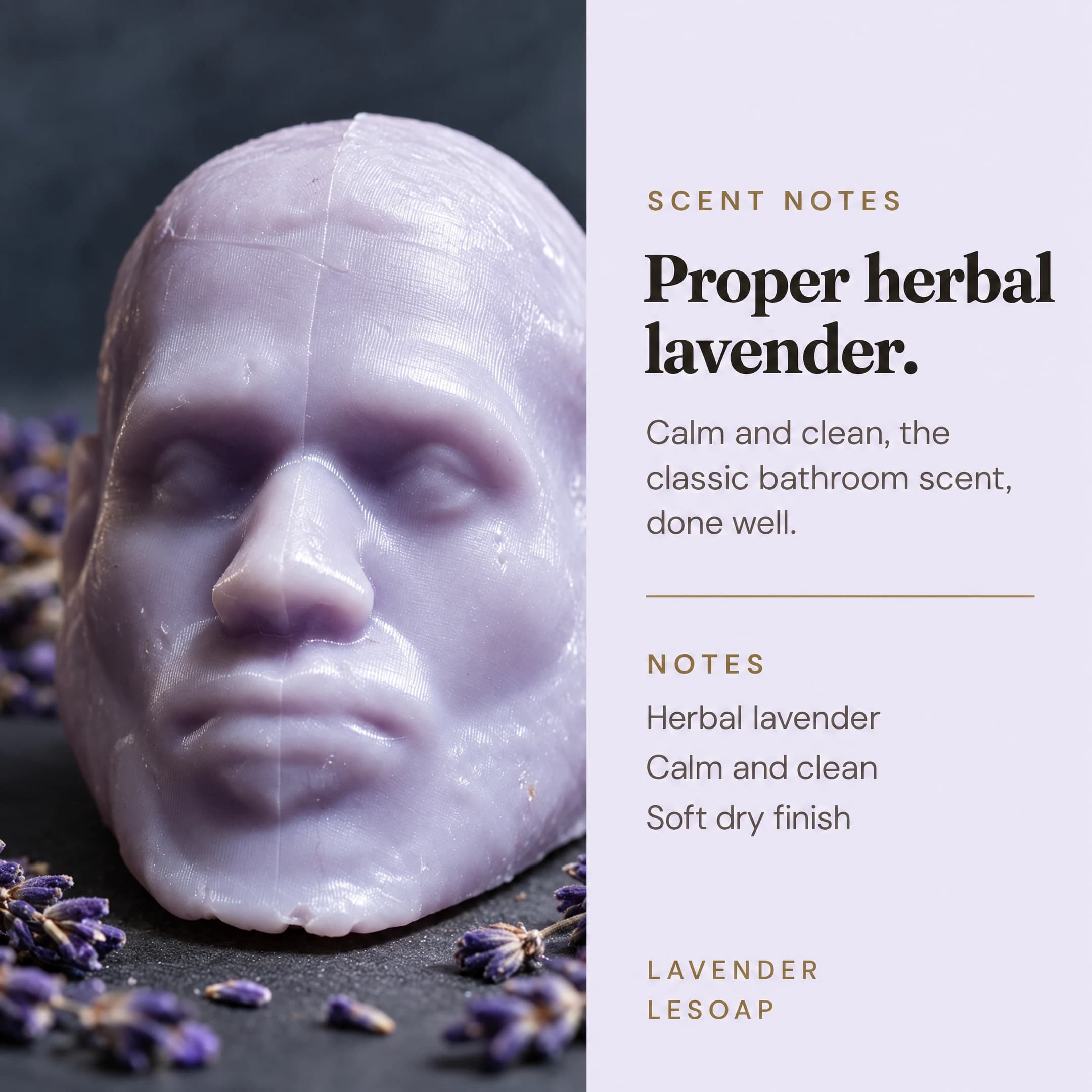 Scent notes for LeSoap Lavender: proper herbal lavender, calm and clean