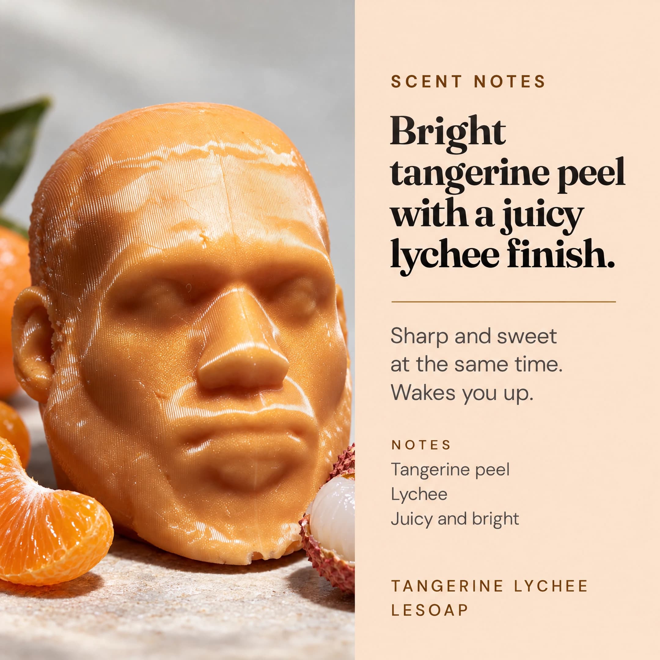 Scent notes for LeSoap Tangerine Lychee: bright tangerine peel with a juicy lychee finish