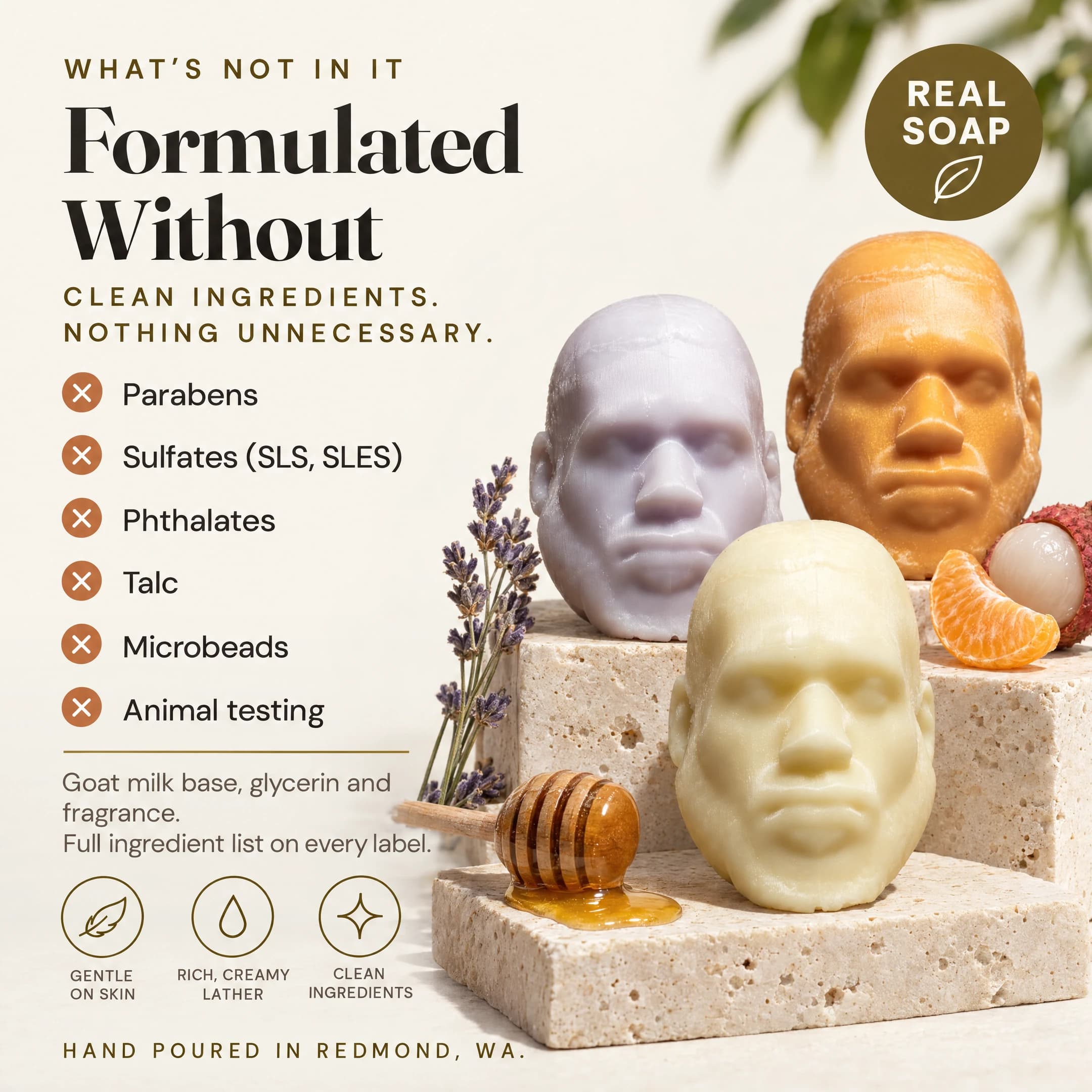 Formulated without parabens, sulfates, phthalates, talc, microbeads or animal testing